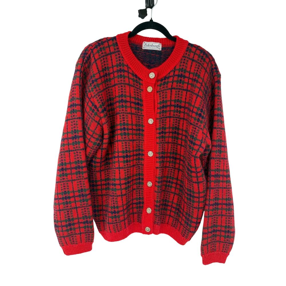 Vintage Edinburgh Mohair Cardigan Red Tartan Plaid Gold Crest Buttons British 80